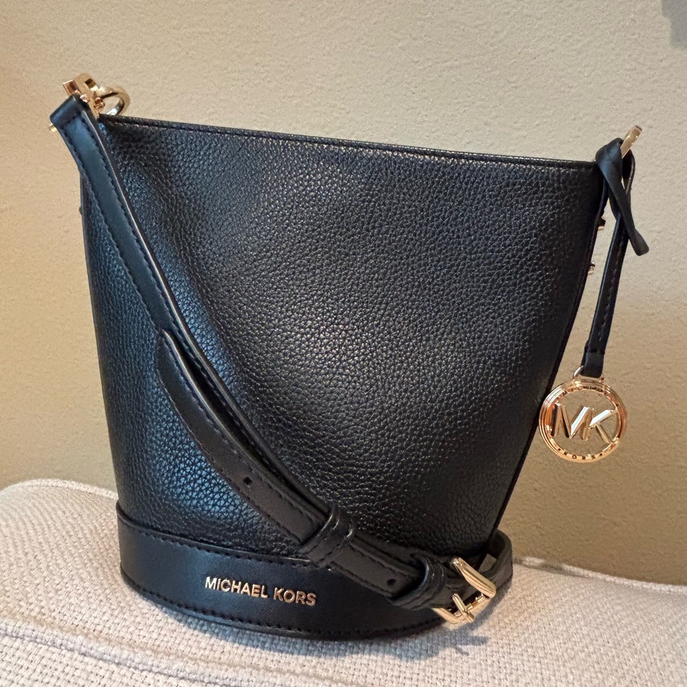 Michael Kors Black Bucket Crossbody with Gold Details